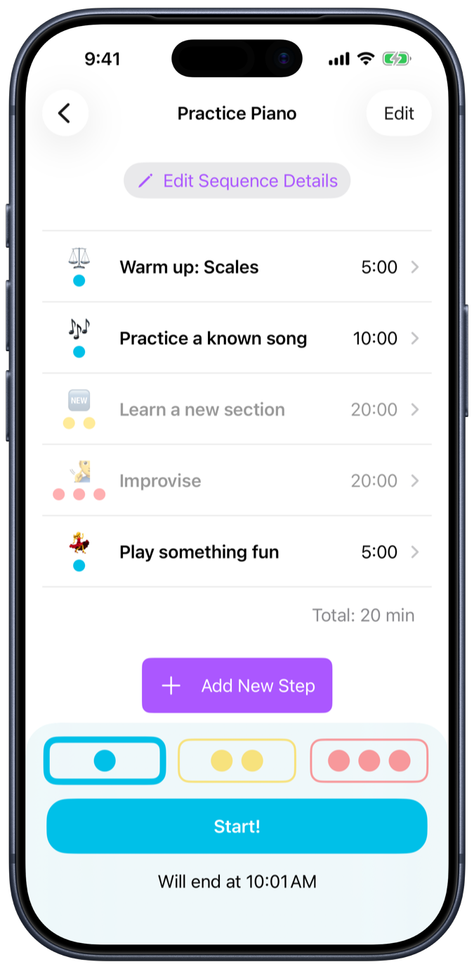 Screenshot of the sequence step list screen